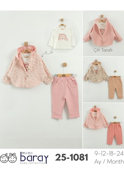 Kız Bebek Kapüşonlu ve Pantolon 3'lü Takım (9-12-18-24 Ay)