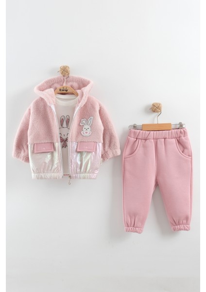 Kız Bebek Tavşan Nakışlı Peluş 3'lü Eşofman Takım (9-12-18 Ay)