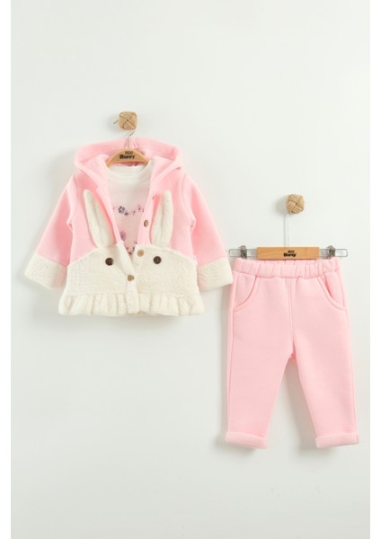 Kız Bebek Tavşan Kulak Kapüşonlu 3'lü Eşofman Takım (9-12-18 Ay)