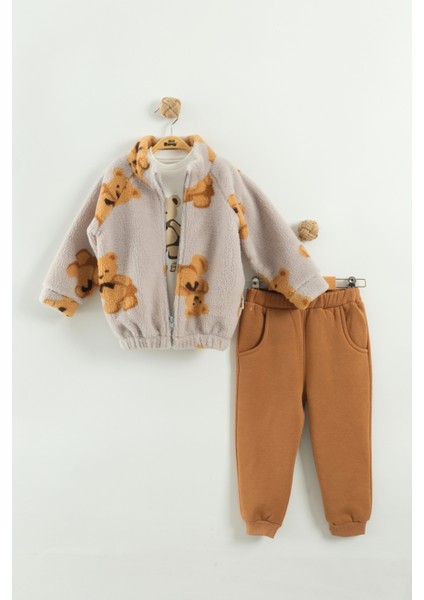 Kız Çocuk Ayı Desen Peluş 3'lü Peluş Eşofman Takım (2-3-4 Yaş)