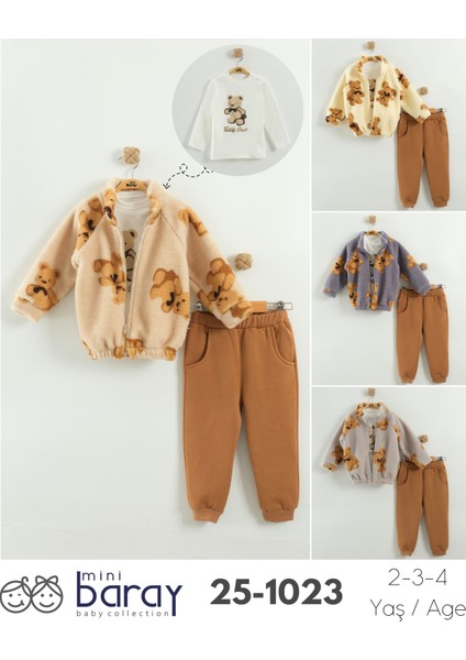 Kız Çocuk Ayı Desen Peluş 3'lü Peluş Eşofman Takım (2-3-4 Yaş)