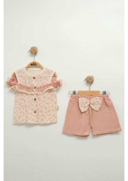 Kız Çocuk Çiçekli Bluz ve Fiyonklu Şort Takım (2-3-4-5 Yaş)
