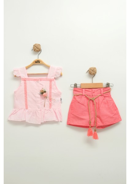 Kız Bebek Çiçek Detaylı Şortlu Takım (9-12-18 Ay)