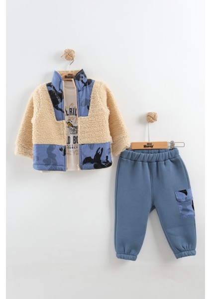 Erkek Bebek Kamuflaj Desen Peluş Eşofman 3'lü Takım (9-12-18 Ay)