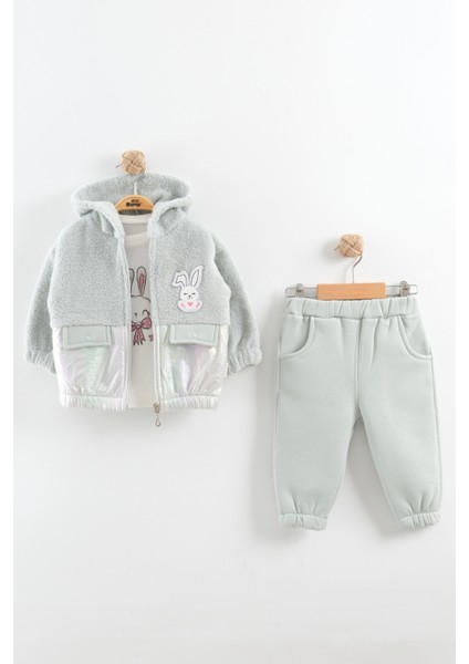 Kız Bebek Tavşan Nakışlı Peluş 3'lü Eşofman Takım (9-12-18 Ay)