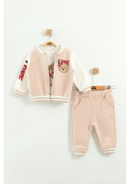 Kız Bebek Baskılı 3'lü Eşofman Takımı (Sweatshirt, Pantolon, Ceket ) (9-12-18 Ay)