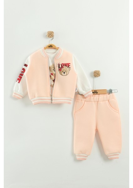 Kız Bebek Baskılı 3'lü Eşofman Takımı (Sweatshirt, Pantolon, Ceket ) (9-12-18 Ay)