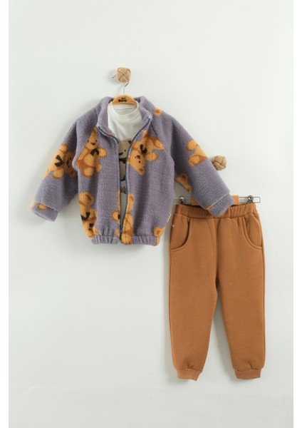 Kız Bebek Ayı Desen Peluş 3'lü Peluş Eşofman Takım (9-12-18 Ay)