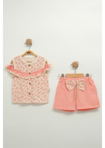 Kız Çocuk Çiçekli Bluz ve Fiyonklu Şort Takım (2-3-4-5 Yaş)