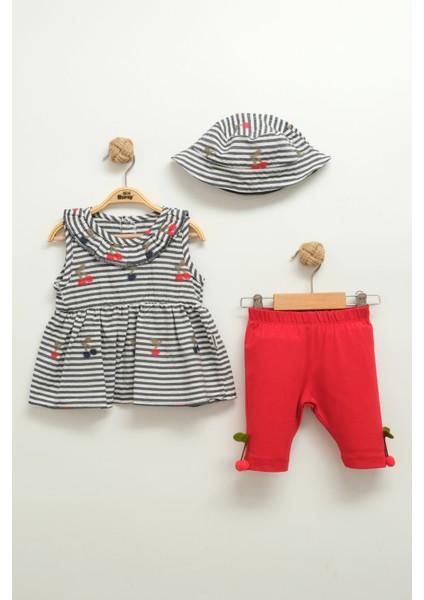 Kız Bebek Çizgili Elbise ve Pantolon Takım (Şapkalı) (9-12-18 Ay)