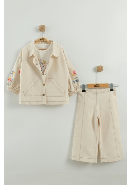 Kız Çocuk Çiçek Nakışlı Ceket ve Pantolon 3'lü Takım (2-3-4-5 Yaş)