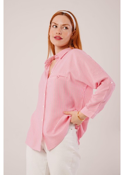 Cep Detay Çizgili Oversize Pembe Gömlek modelleri