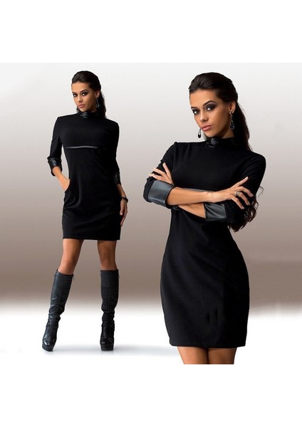 Sezonluk Deri Detaylı Dirsek Kol Kadın Elbise