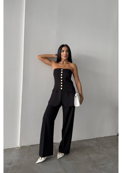 Tasarım Gold Düğmeli Strablezyelek - Siyah