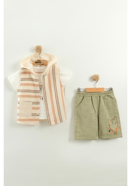 Erkek Bebek Çizgili Tişört, Şort ve Yelek 3’lü Takım (9-12-18-24 Ay)