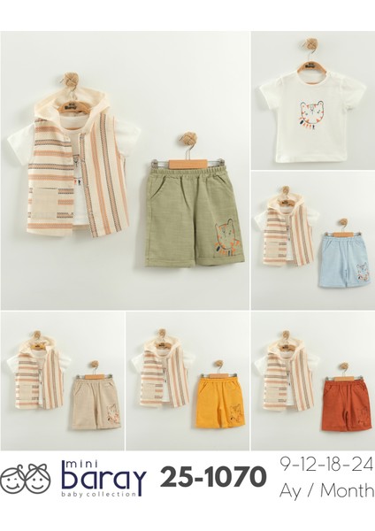 Erkek Bebek Çizgili Tişört, Şort ve Yelek 3’lü Takım (9-12-18-24 Ay)