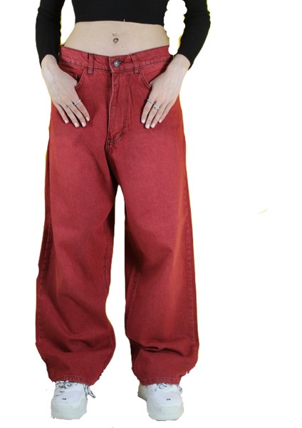 Eskitme Yıkama Unisex Baggy Jeans Pantolonvintage Kırmızı