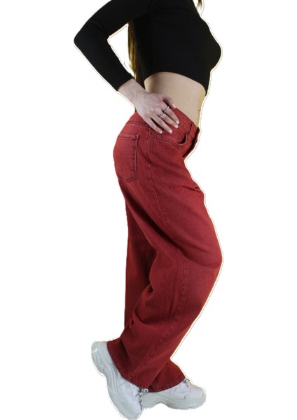 Eskitme Yıkama Unisex Baggy Jeans Pantolonvintage Kırmızı fiyatları