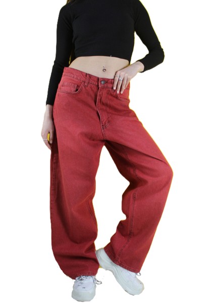 Eskitme Yıkama Unisex Baggy Jeans Pantolonvintage Kırmızı fırsatları