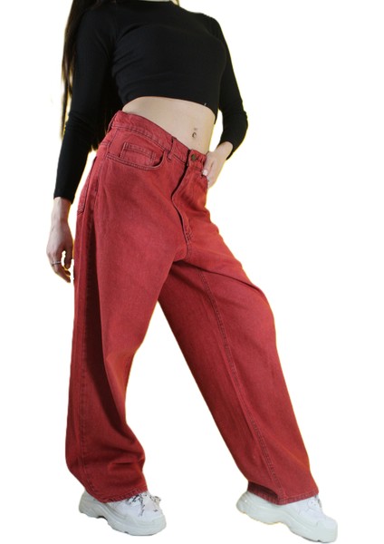 Eskitme Yıkama Unisex Baggy Jeans Pantolonvintage Kırmızı indirimleri