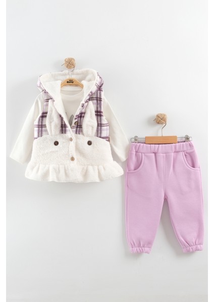 Kız Bebek Düğmeli Peluş Eşofman 3'lü Takım (9-12-18 Ay)