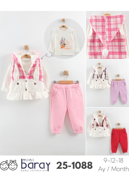 Kız Bebek Düğmeli Peluş Eşofman 3'lü Takım (9-12-18 Ay)