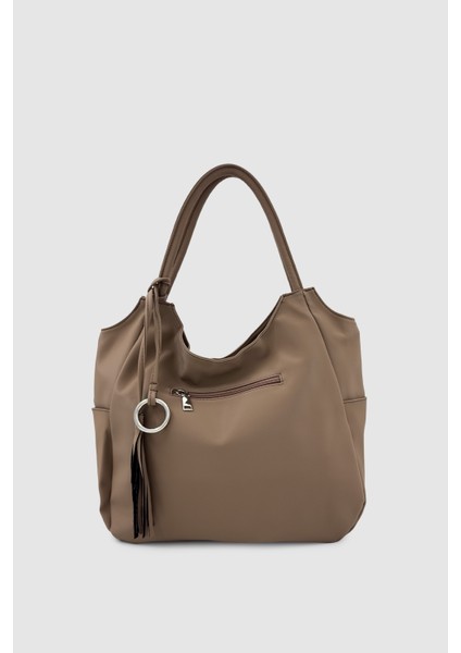 Satel Püskül ve Halka Detaylı Çok Bölmeli Büyük Boy Omuz, Kol, El ve Omuz Çantası Vizon