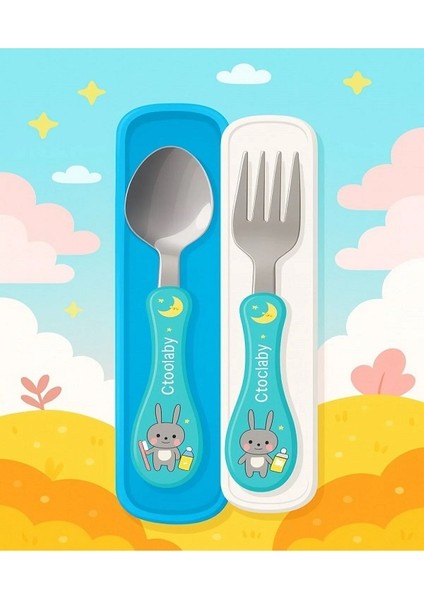 Çocuk Silikon Saplı Figürlü Metal Uçlu Kaşık ve Çatal - Mama Kaşığı Seti
