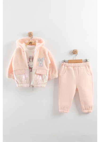 Kız Bebek Tavşan Nakışlı Peluş 3'lü Eşofman Takım (9-12-18 Ay)