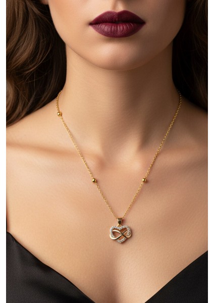 Altın Renk Sonsuzluk Kalp Model Top Zincir Çelik Kolye- 3702