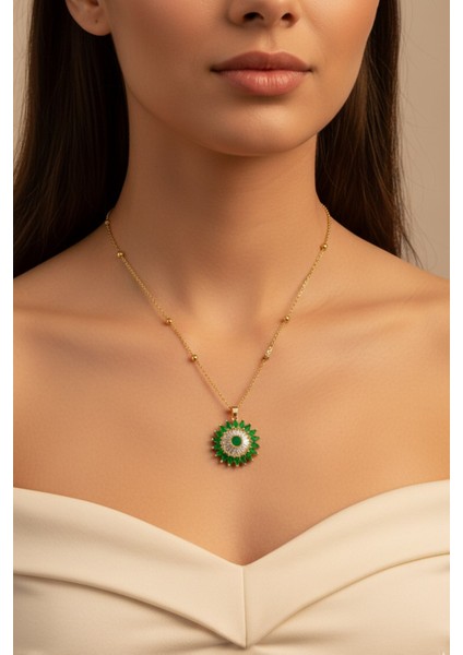 Altın Renk Yeşil Taş Güneş Model Top Zincir Çelik Kolye- 3698