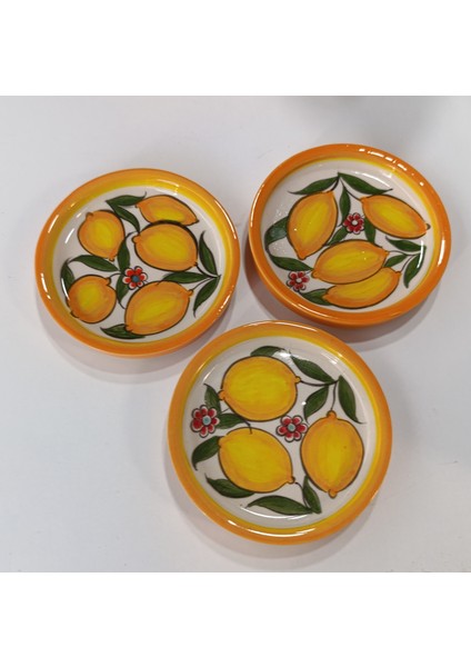 El Yapımı Limon Desenli 3'lü 12 cm Çerezlik Sunumluk Seramik Kahvaltı Tabağı