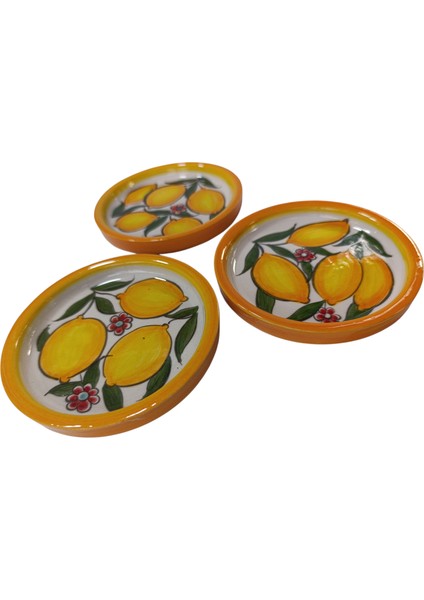 El Yapımı Limon Desenli 3'lü 12 cm Çerezlik Sunumluk Seramik Kahvaltı Tabağı fırsatları