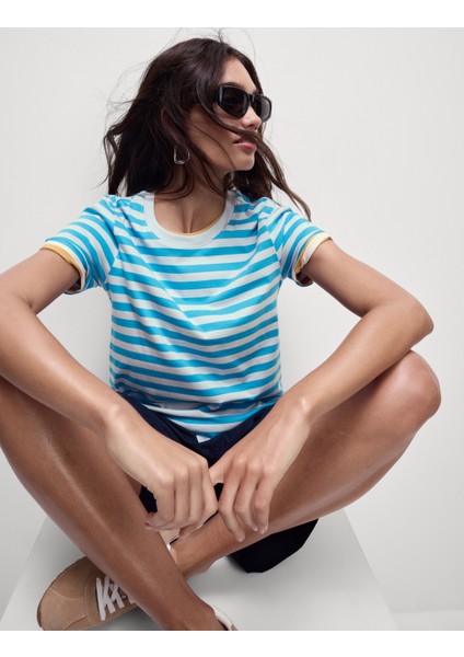 Saf Pamuklu Kısa Kollu Çizgili T-Shirt