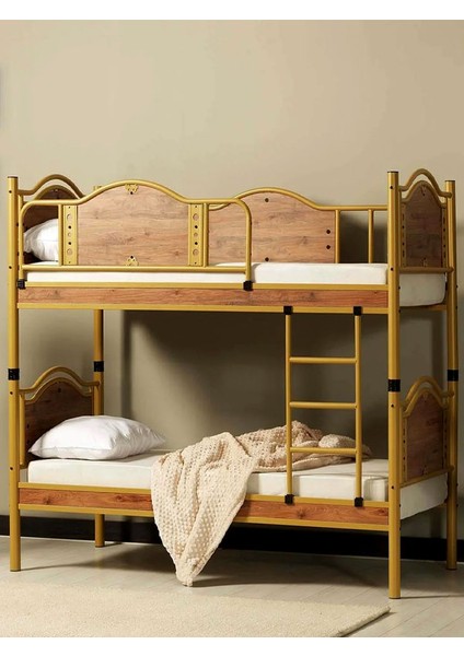 Argimo Avangard Genç Çocuk Odası Ahşap Başlıklı Metal Ranza ve Karyola 90 x 190 Ceviz