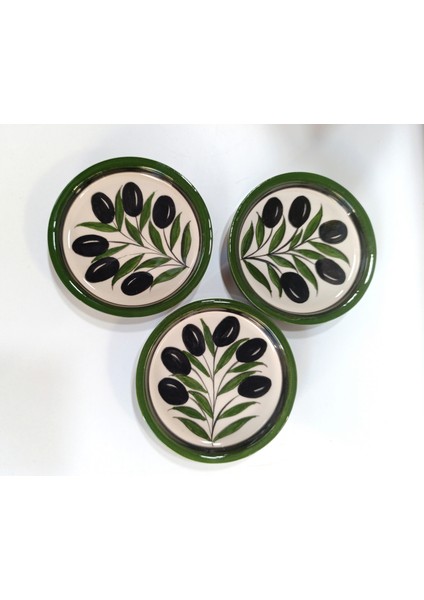 El Yapımı Zeytin Dalı Desenli 3'lü 12 cm Çerezlik Sunumluk Kahvaltı Tabağı