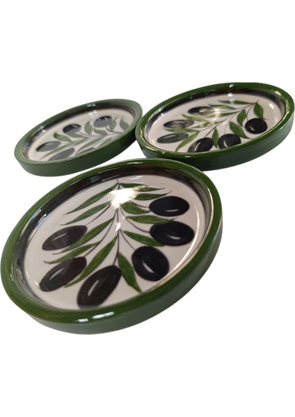 El Yapımı Zeytin Dalı Desenli 3'lü 12 cm Çerezlik Sunumluk Kahvaltı Tabağı fırsatları