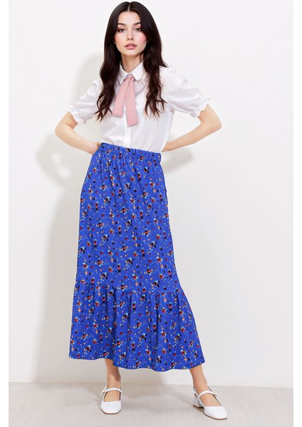 Kadın BDART Esnek Bel ile Dokulu Uzun Triko Etek Kobalt Mavisi