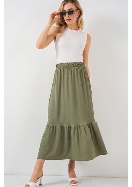 Kadın BDART Esnek Bel ile Dokulu Uzun Triko Etek Green