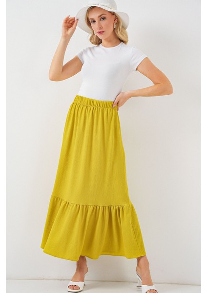 Kadın BDART Esnek Bel ile Dokulu Uzun Triko Etek Yellow