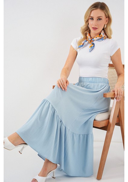 Kadın BDART Esnek Bel ile Dokulu Uzun Triko Etek Blue