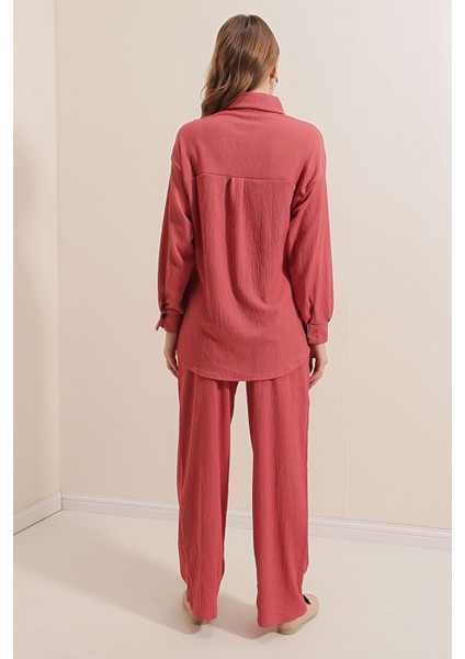 Kadın BDART Düğmeli Uzun Kollu Gömlek & Pantolon Örme Takım Tozlu Gül Pembesi