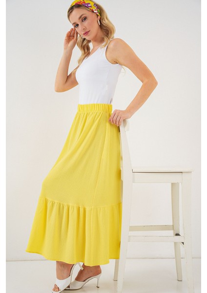 Kadın BDART Esnek Bel ile Dokulu Uzun Triko Etek Yellow
