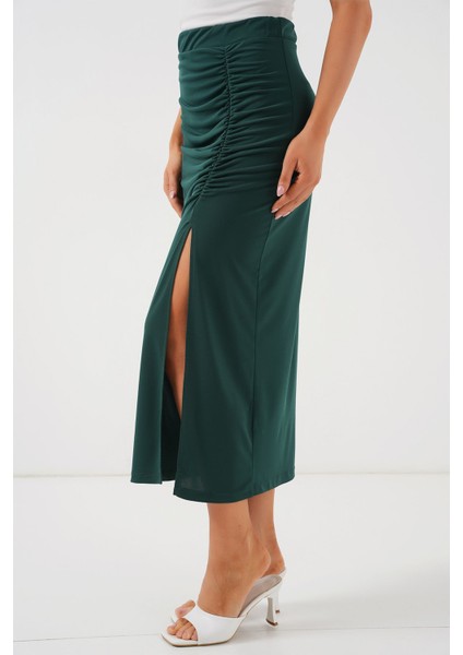 Kadın BDART Elastik Bel Detaylı Fitilli Jersey Maxi Etek Zümrüt Yeşili