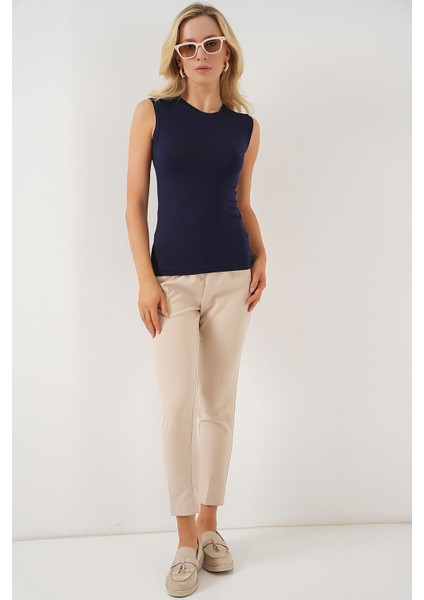 Kadın BDART Dik Yaka, Askısız, Fitilli Bodysuit Lacivert