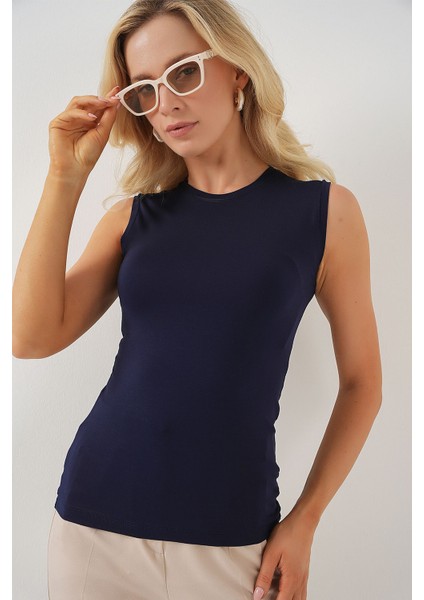 Kadın BDART Dik Yaka, Askısız, Fitilli Bodysuit Lacivert