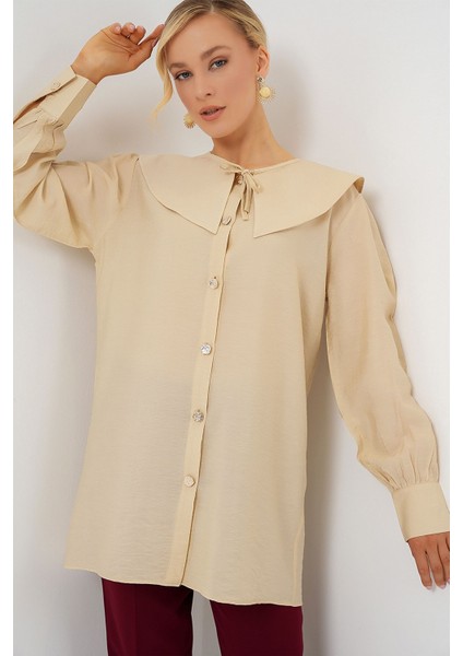 Kadın BDART Bebek Yaka ve Fiyonk Detaylı Uzun Bol Bluz Krem Doğal