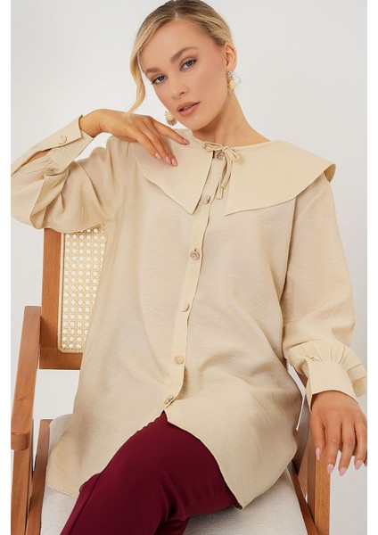 Kadın BDART Bebek Yaka ve Fiyonk Detaylı Uzun Bol Bluz Krem Doğal