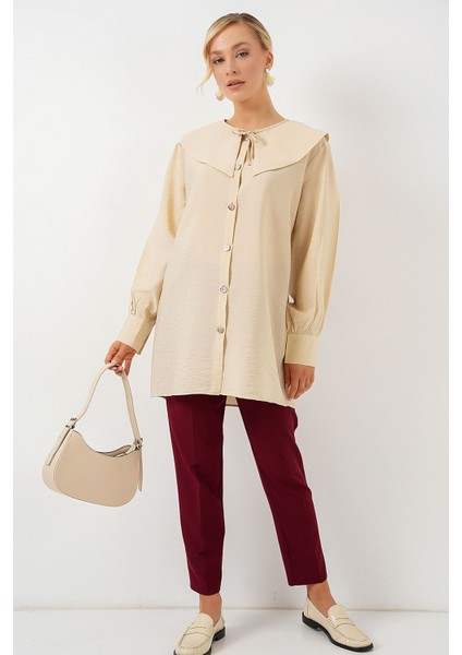 Kadın BDART Bebek Yaka ve Fiyonk Detaylı Uzun Bol Bluz Krem Doğal