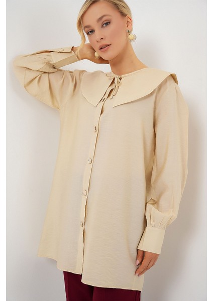 Kadın BDART Bebek Yaka ve Fiyonk Detaylı Uzun Bol Bluz Krem Doğal